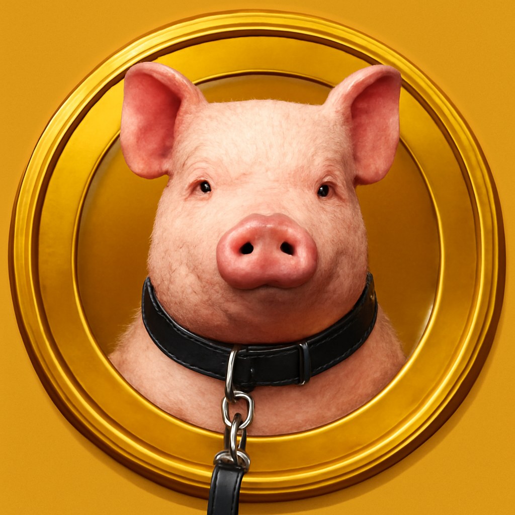 A pig's head and shoulders set inside a gaudy gold medallion coin, wearing a black leather collar with a metal leash ring, a leash clipped to it hanging down out of frame